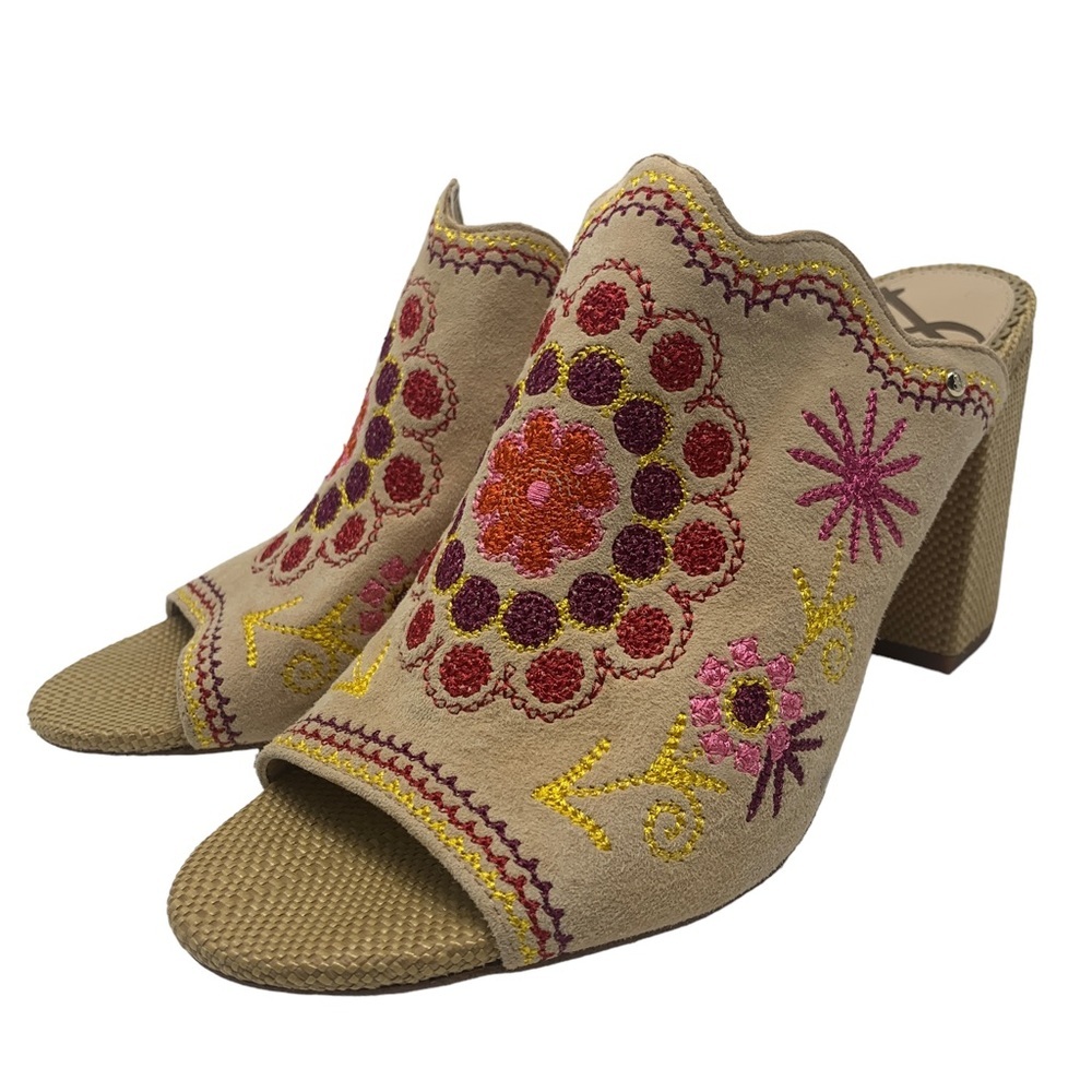Sam Edelman Beige Boho Embroidered Floral Block Heel Mules Peep Toe “Olive” - Picture 4 of 15